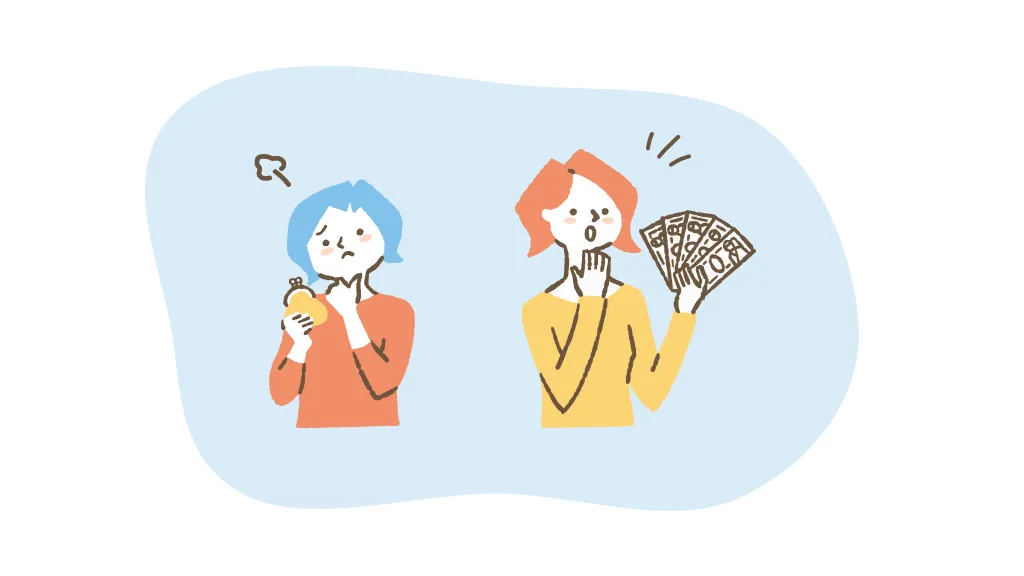 家計に悩んでいるお母さんとお札を持って驚いているお母さんのイラスト