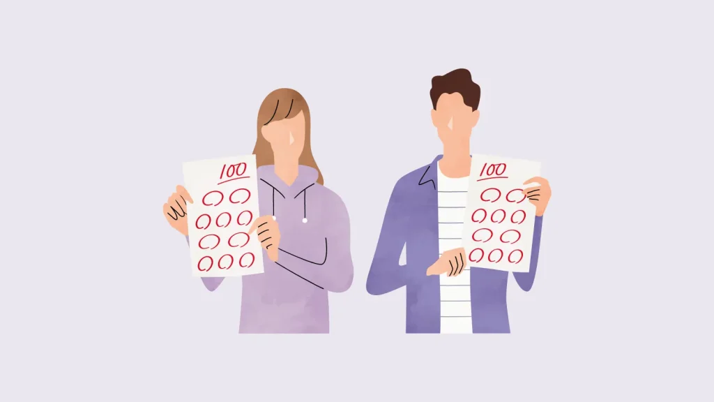 男女の生徒が100点のテスト用紙を持っているイラスト